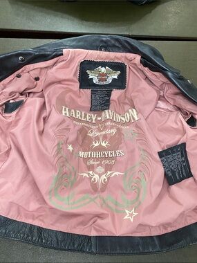 Harley-Davidson Legendary Black Leather  Moto Jacket Pink Lining Size XL